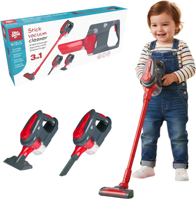 Dirt Devil Spielzeugstaubsauger 3-in-1 – Stabstaubsauger und Handstaubsauger 2 Aufsätze – funktionierende Saugfunktion und realistische Geräusche – für Jungen und Mädchen ab 3 Jahren – Rotgrau