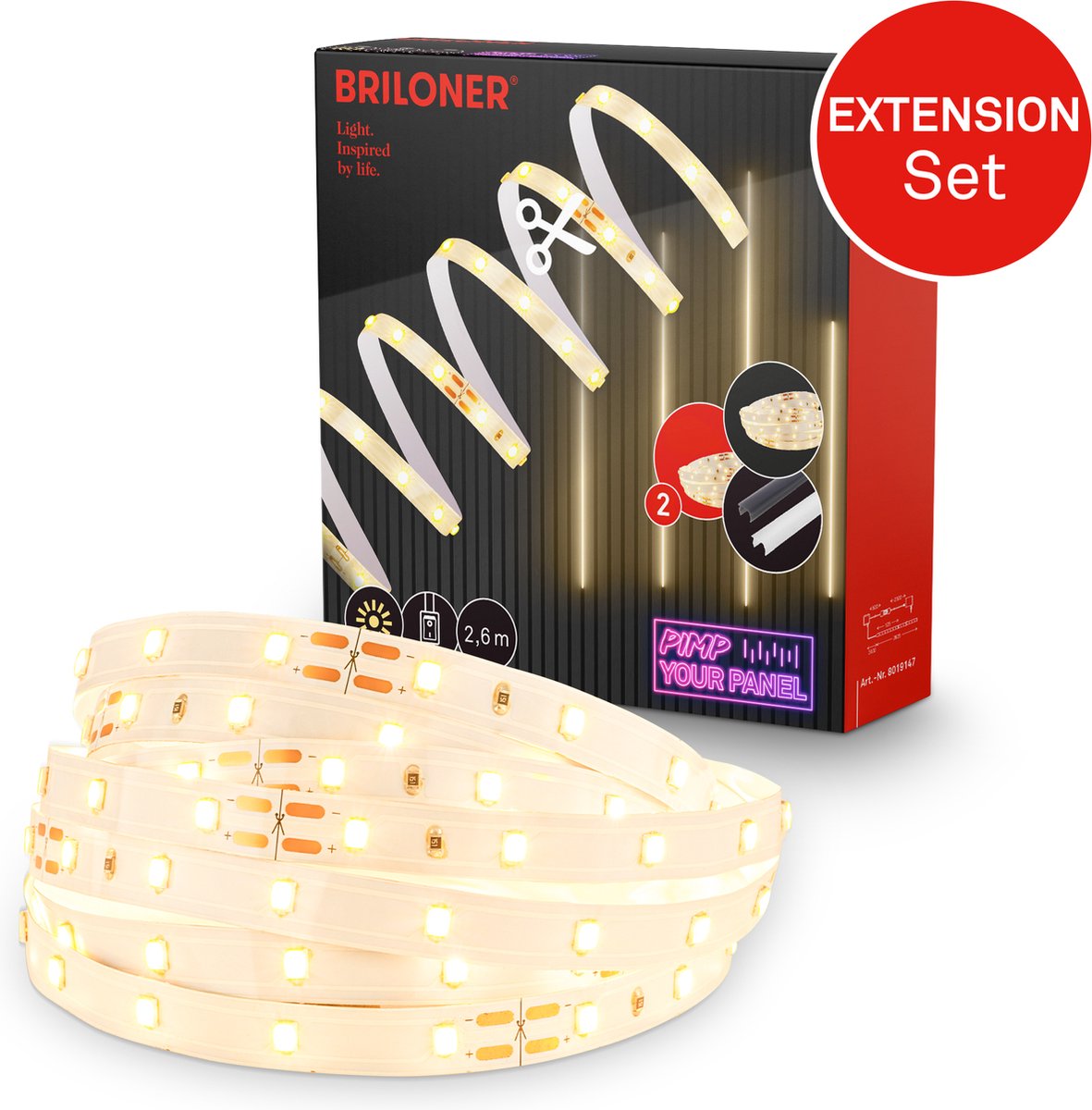 Briloner Pimp Your Panel – Verlängerungsset LED-Streifen 2,6 m – 8019147 – Verlängerungsset WW – Pimp Your Panel – kürzbar – selbstklebend – ausziehbar – 262,5 x 1 cm