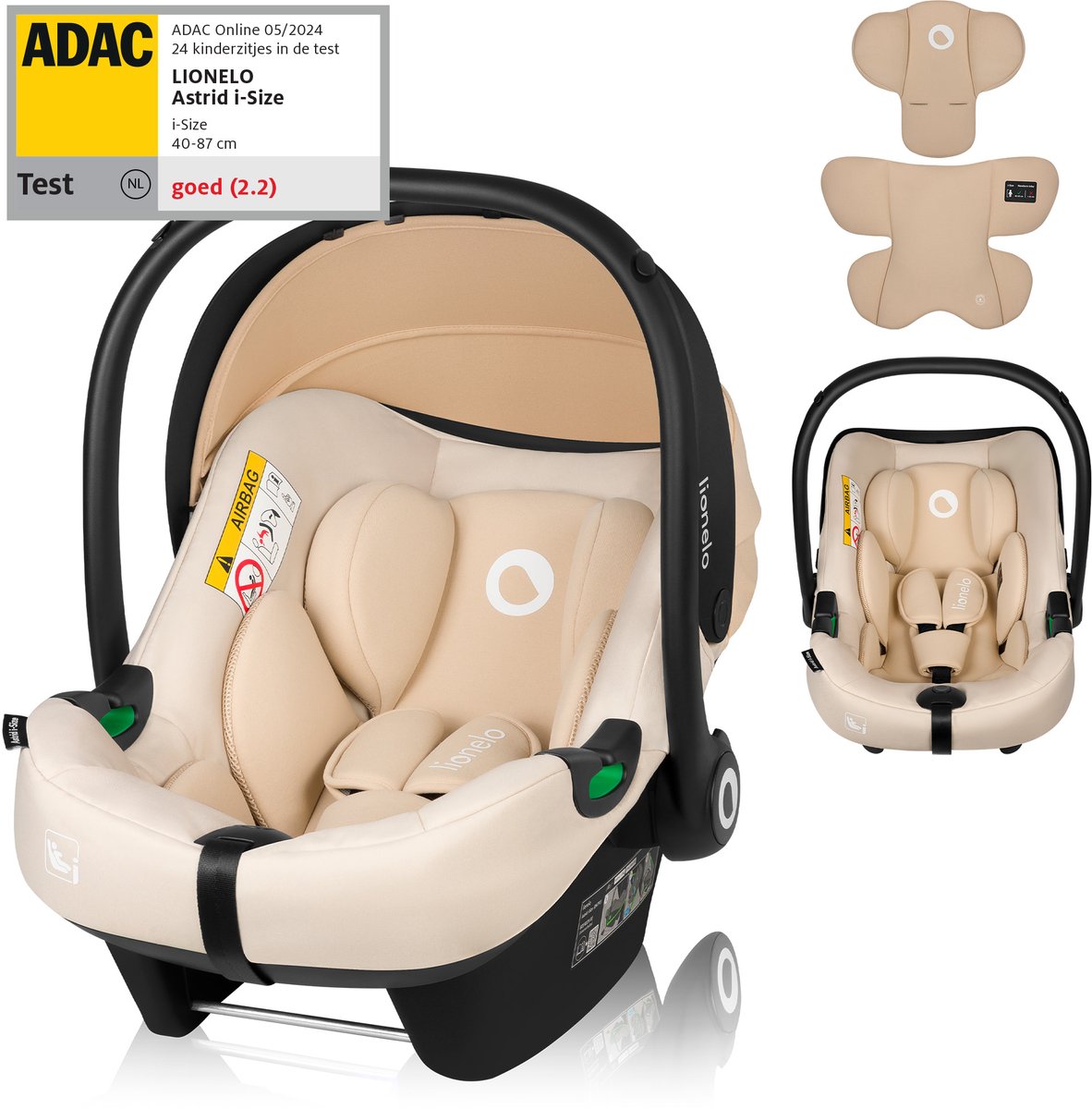 Lionelo Astrid i-Size-Autositz – ADAC 5-Sterne – 40–87 cm – RWF – Memory-Schaum – verstellbare Kopfstütze (7 cm) – Holmbergs-Gurte – kompatibel mit Kinderwagen mit Isofix-Basis – i-Size-Standard – lichtecht