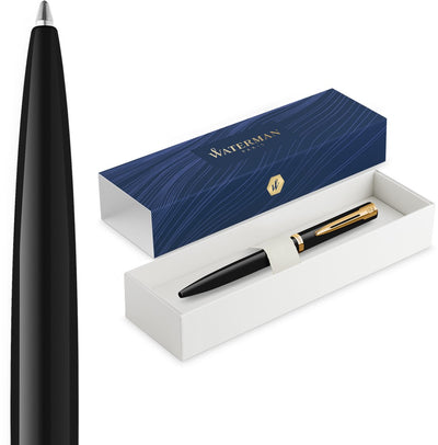 Waterman Impression Kugelschreiber | mittlere Spitze mit blauer Tinte | schwarzer Lack mit goldfarbenem Finish | Geschenkbox