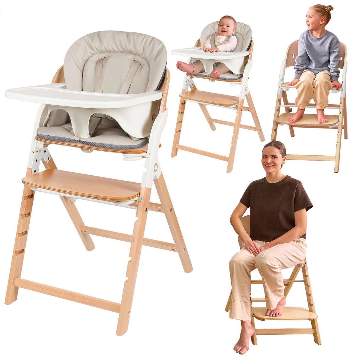Lionelo Megan – Hochstuhl aus Holz, Baby-Esszimmerstuhl – mitwachsender Stuhl 3in1: von 6 Monaten bis 110 kg – verstellbar: Sitz, Fußstütze, Tisch – 5-Punkt-Gurt – Tablett mit Silikoneinlage – waschbares Kissen – rutschfeste Füße – Babystuhl