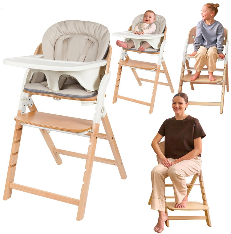 Lionelo Megan – Hochstuhl aus Holz, Baby-Esszimmerstuhl – mitwachsender Stuhl 3in1: von 6 Monaten bis 110 kg – verstellbar: Sitz, Fußstütze, Tisch – 5-Punkt-Gurt – Tablett mit Silikoneinlage – waschbares Kissen – rutschfeste Füße – Babystuhl
