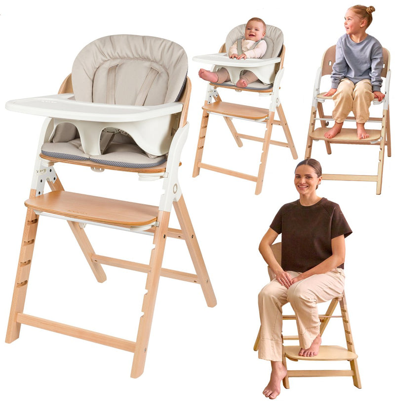 Lionelo Megan – Hochstuhl aus Holz, Baby-Esszimmerstuhl – mitwachsender Stuhl 3in1: von 6 Monaten bis 110 kg – verstellbar: Sitz, Fußstütze, Tisch – 5-Punkt-Gurt – Tablett mit Silikoneinlage – waschbares Kissen – rutschfeste Füße – Babystuhl