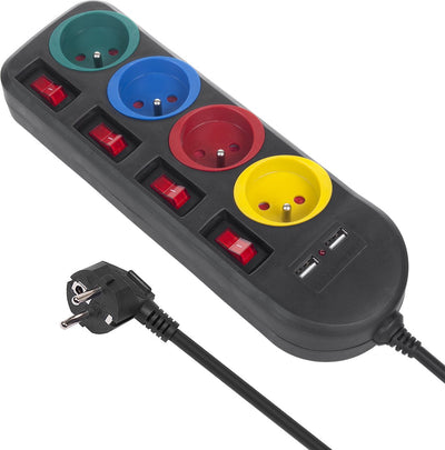 Maclean – Steckdosenleiste mit Schaltern mit Erdungsstift – 4x + 2x USB – 250 VAC 10 A, 2,1 A 5 V – 1,5 m – Schwarz