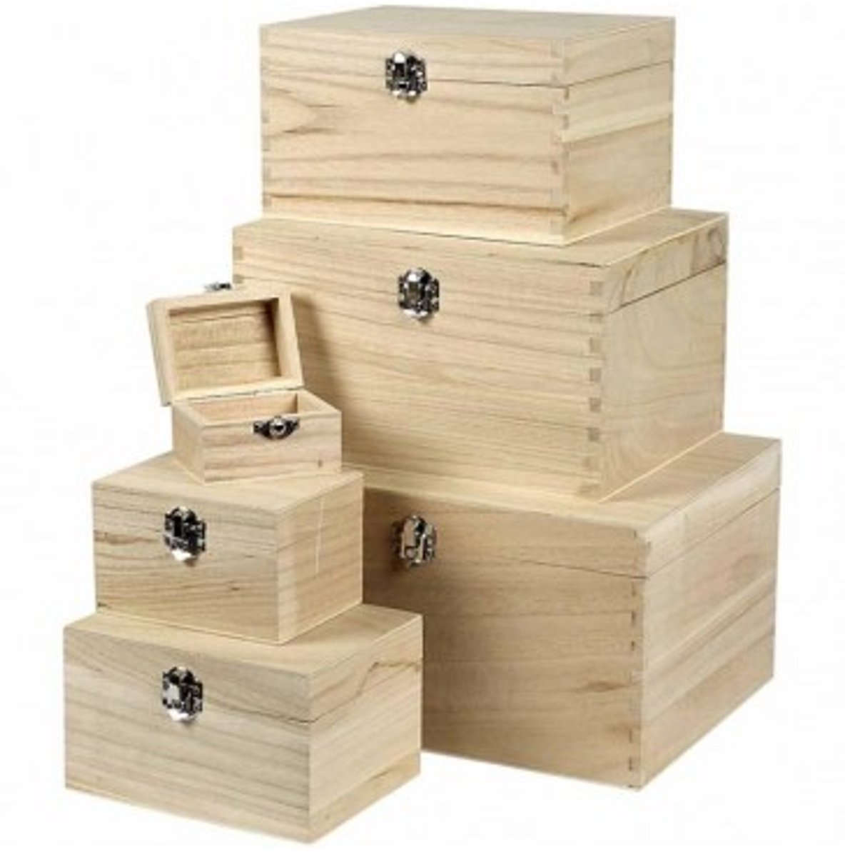 Creativ Company Set Holzkästen, H: 5+7+9+11+13+15 cm, L: 8+11,8+15,8+20+24+27,7 cm, b: 5,8+8,8+12+15+18+21 cm, 6 Stück 1 Set