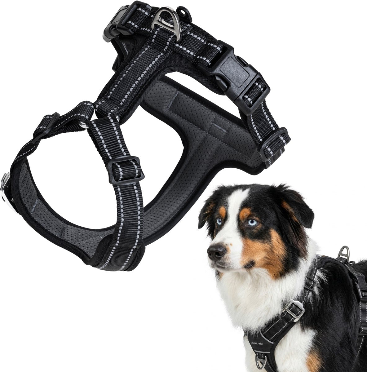 Peluvio Mate – Hundegeschirr mit Reflexion – Größe M – strapazierfähiges Nylon – ergonomisches Schutzgeschirr – rostfreie Schnallen – schnell trocknend, wetterfest – Komfortkontrolle für aktive Hunde