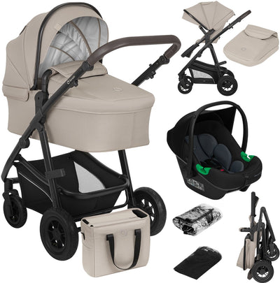Lionelo Bianka Kinderwagen 3 in 1 – Babywanne + Kinderwagen + Autositz – große Luftreifen, Vollfederung – klappbar – verstellbare Schiebestange – Buggy-Wendesitz – 0–22 kg – Zubehörset – Beige