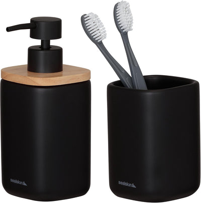 Sealskin Mind Badezimmerset – Seifenspender 200 ml – Zahnputzbecher – FSC – Holzoptik schwarz