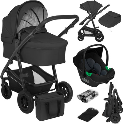 Lionelo Bianka Kinderwagen 3 in 1 – Babywanne + Kinderwagen + Autositz – große Luftreifen, Vollfederung – klappbar – verstellbare Schiebestange – Buggy-Wendesitz – 0–22 kg – Zubehörset – Schwarz