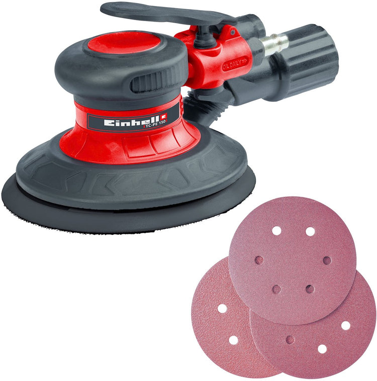 Einhell Druckluft-Exzenterschleifer TC-PE 150 – Schleiffläche: ø 150 mm – geeignet für Schleif- und Schleifarbeiten an Holz, Eisen und Kunststoff – inkl. 6x Schleifblätter