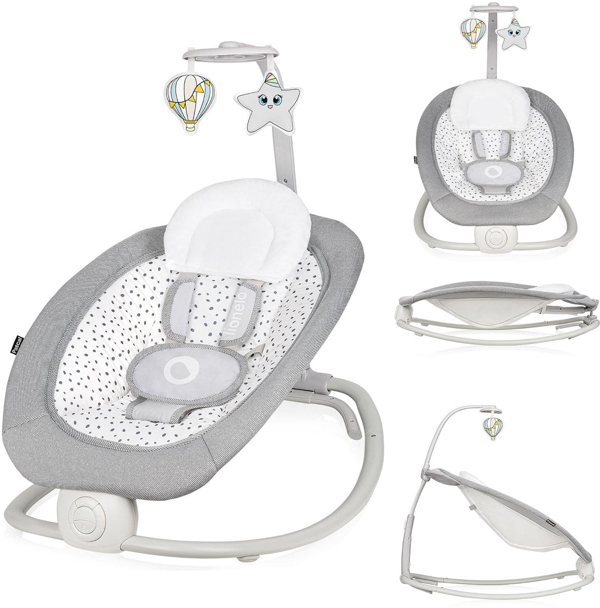 Lionelo Pascal – Babywippe für Schaukelstuhl – mit sanften Vibrationen – 12 Melodien – verstellbare Rückenlehne – Spielbogen mit Spielzeug – 5-Punkt-Gurt – kompakt faltbar – Wippe – Schaukelstuhl