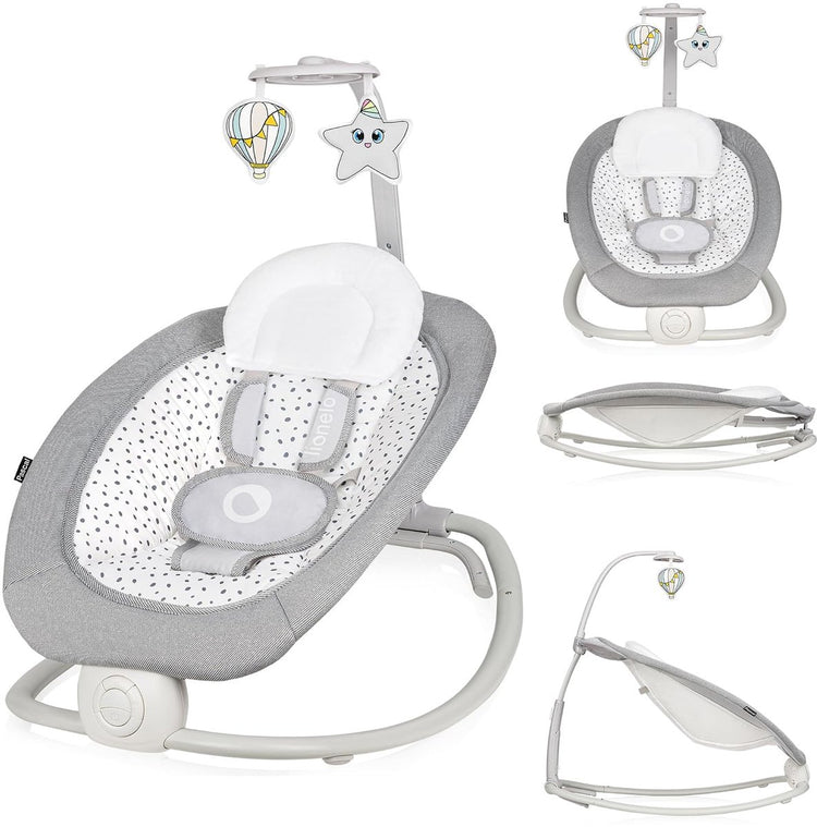 Lionelo Pascal – Babywippe für Schaukelstuhl – mit sanften Vibrationen – 12 Melodien – verstellbare Rückenlehne – Spielbogen mit Spielzeug – 5-Punkt-Gurt – kompakt faltbar – Wippe – Schaukelstuhl