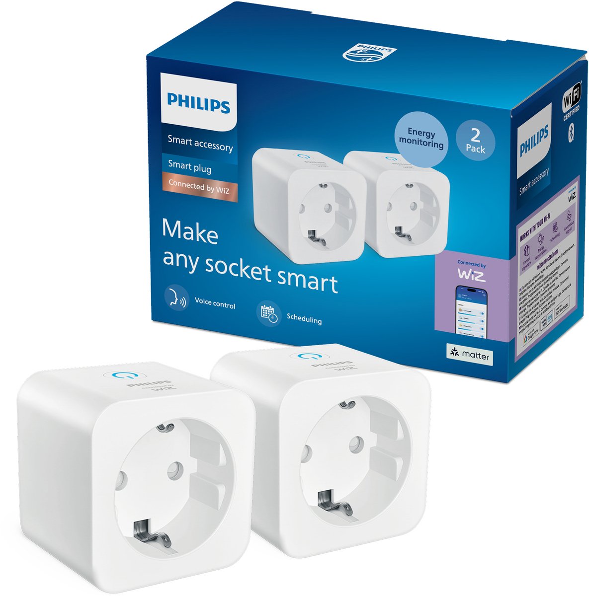 Philips Lighting Philips Smart Lighting – Smart Plug mit Stromzähler – 2er-Pack – andere Geräte smart machen – Steckertyp F – Weiß – funktioniert mit der Wiz-App – WLAN