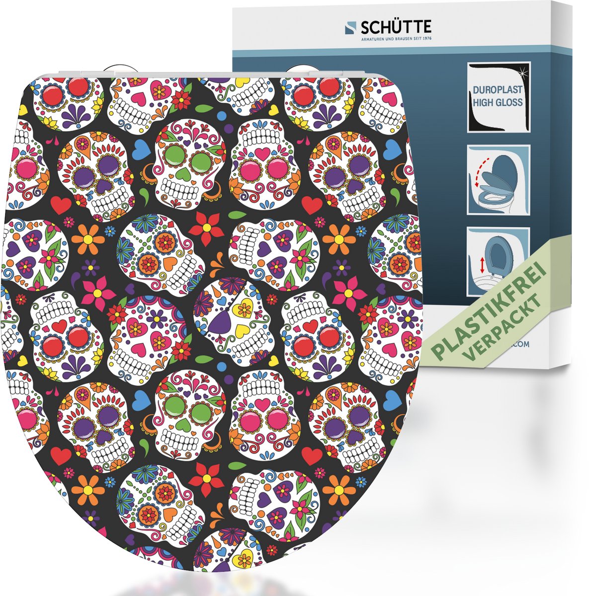 Schütte Schütte Toilettensitz mit weicher Verrückter verrückter Schädel Duroplast High Gloss