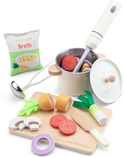 Woet® Holzspielzeug-Suppenset – Spielzeugset „Machen Sie Ihre eigene Suppe“ – FSC – inklusive Gemüse, Schneidepfanne, Pfannenkelle – Spielzeugessen – Rollenspiel-Küchenset – ab 2 Jahren