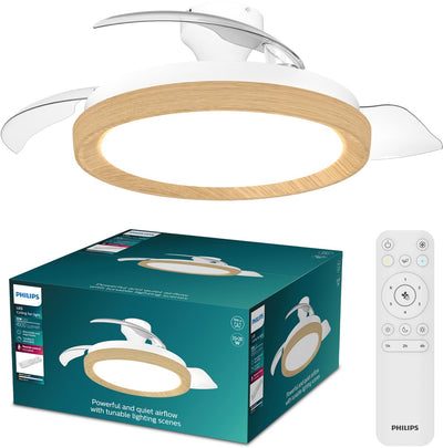 Philips LED Philips Bliss Deckenventilator mit integrierter LED-Lampe – 3 einziehbare Flügel, Durchmesser: 106 cm – 4500 Lumen – einstellbares weißes Licht von 2700 K bis 6500 K – dimmbar bis zu 5 % – Fernbedienung – Holz