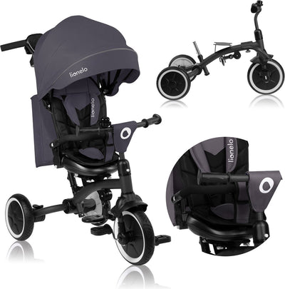 Lionelo Tris Plus Dreirad 2in1 – Kinderwagen-Dreirad – 360° drehbarer Sitz – von 9 Monaten bis 5 Jahren (25 kg) – große PU-Pannenschutzräder – verstellbare Rückenlehne – Elternlenkrad – Freilauffunktion – inklusive Zubehörset