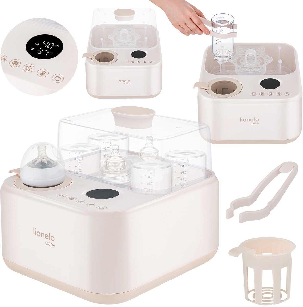 Lionelo Steamup – 3-in-1-Flaschensterilisator, Trockner-Flaschenwärmer – für 4 Flaschen – Dampfsterilisation 99,9 % – einstellbare Temperatur 37–85 °C – BPA-frei