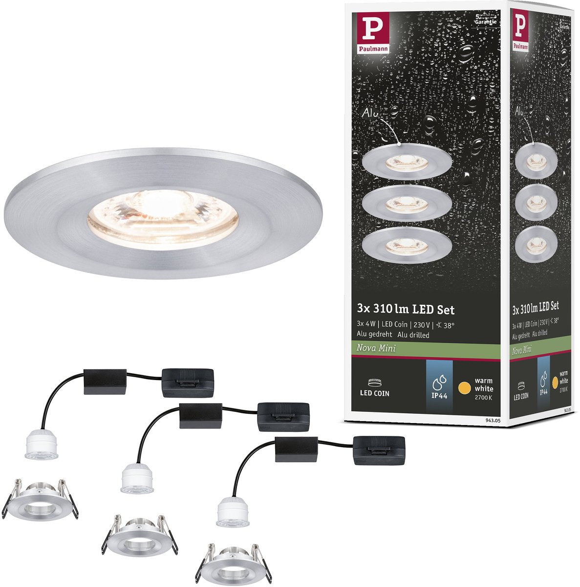 Paulmann LED Einbauleuchte Nova Mini Coin Basisset Stern IP44 rund 65 mm Coin 3x4W 3x310lm 230V 2700K Aluminium gedreht
