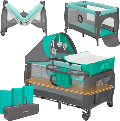 Lionelo Sven Plus 2in1 Mitwachsendes Campingbett – 127 x 60 cm – Beistell-Reisebett – bis 15 kg – inklusive Wickeltisch, Organizer, Moskitonetz, interaktives Spielzeug – Lockguard-System – 2 höhenverstellbar – schnell faltbare Tragetasche