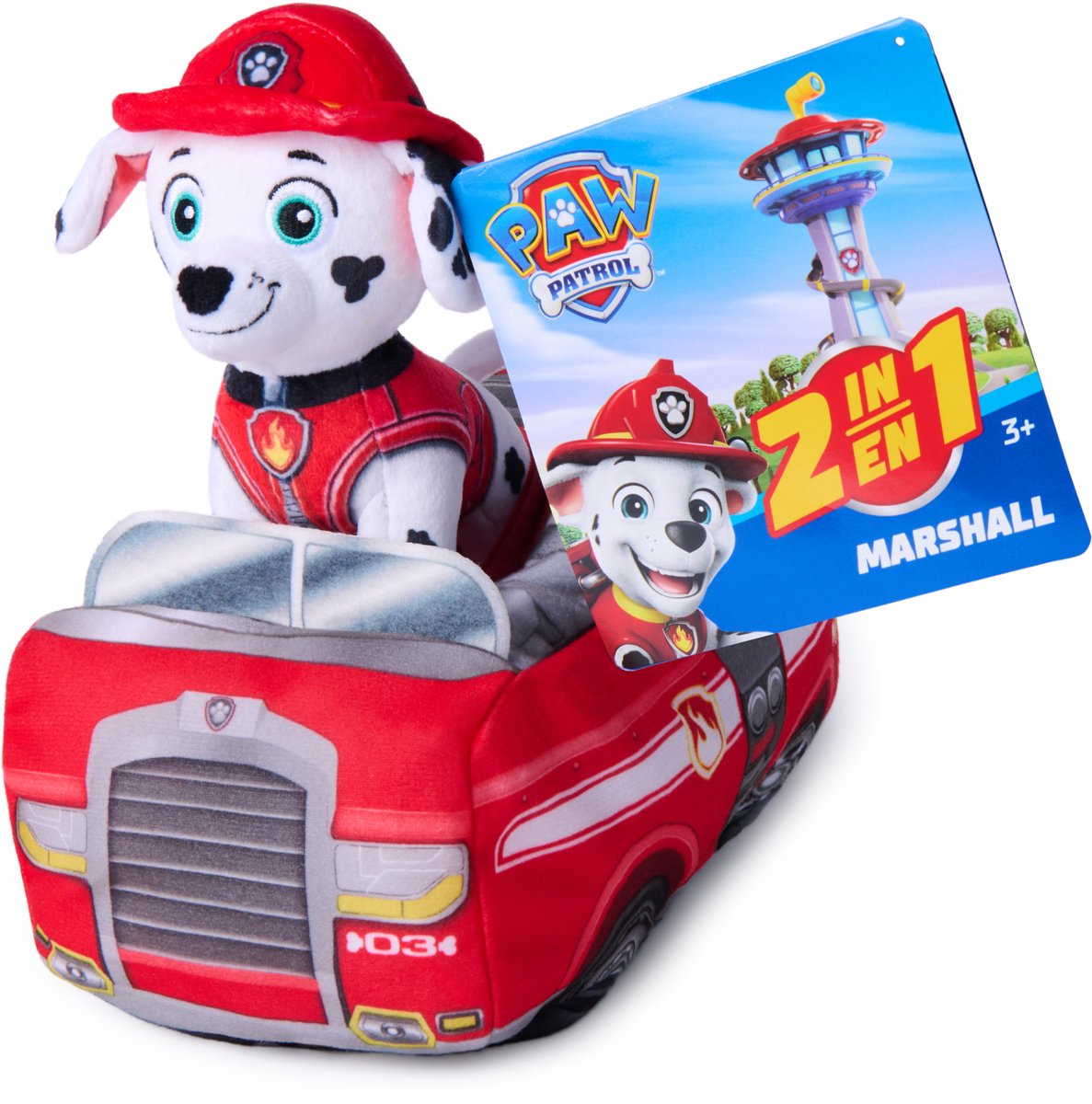 Paw Patrol – Marshall 2-in-1-Plüschfahrzeug – 15,2 cm Plüsch mit 20,3 cm Plüsch-Feuerwehrauto – Kuscheltiere