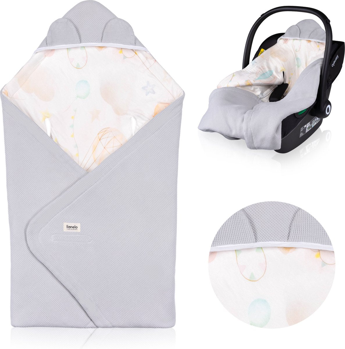 Lionelo Reise-Wickeldecke – Wickeldecke für Autositz-Kinderwagen – 100 % Baumwollbambus – Tog 2,5 – hypoallergen – für Herbst-Winter – verstellbar mit Klettverschluss – 90 x 90 cm – atmungsaktiv, weich – maschinenwaschbar