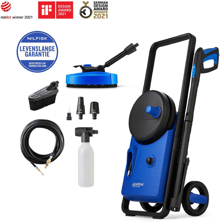 Nilfisk Core 140 Inhand-Power-Control-Pad – 140 bar – mittelgroßer Terrassenreiniger – Abwasserschlauch – 8-Meter-Schlauch