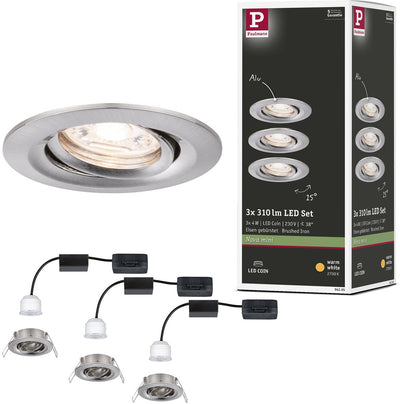 Paulmann LED Einbauleuchte Nova Mini Coin Sockelset schwenkbar rund 66 mm 15° Coin 3x4W 3x310lm 230V 2700K Stahl gebürstet