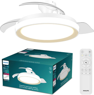Philips LED Philips Bliss Deckenventilator mit integrierter LED-Lampe – 3 einziehbare Flügel, Durchmesser: 106 cm – 4500 Lumen – einstellbares weißes Licht von 2700 K bis 6500 K – dimmbar bis zu 5 % – Fernbedienung – Weiß mit Gold