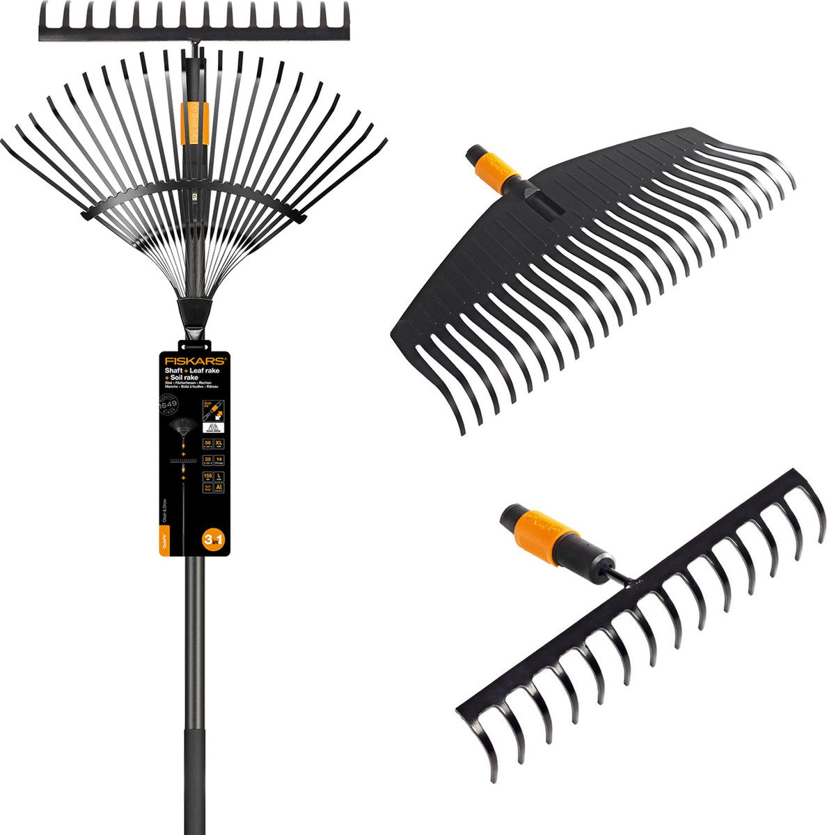 Fiskars Quikfit Gartenrechen Laubharke mit Stiel – Gartenrechen mit Stiel – Set mit 2 Rechen