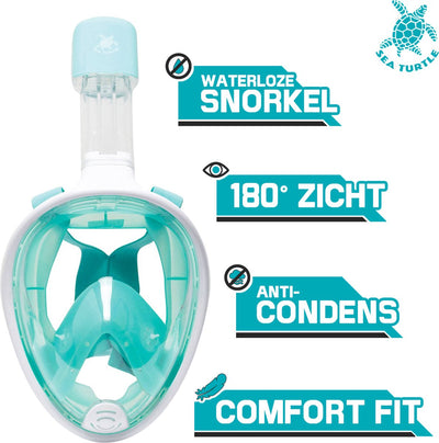 Schnorchelmaske Meeresschildkröte - Schnorchel - Taucherbrille - Schnorchelset - Vollgesichtsmaske - Erwachsene - Weiß Türkis - L XL