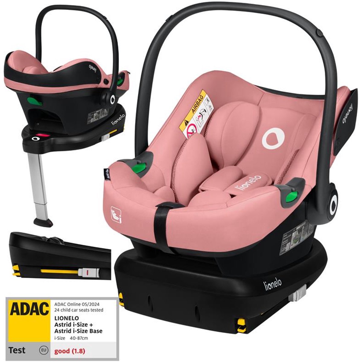 Lionelo Astrid i-Size-Set – Autositz 40–87 cm + Isofix-Basis – ADAC-geprüft – R129 i-Size – Memory-Schaum – verstellbare Kopfstütze – Seitenschutz – Dri-Seat – leicht – universell kompatibel