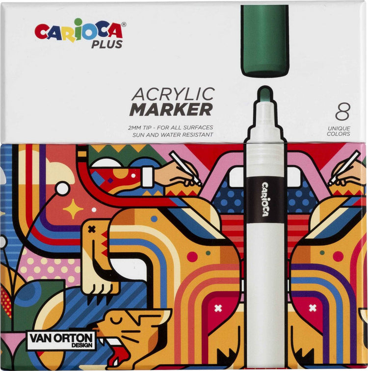 Carioca plus Acrylmarker – 8 Farben – Acrylmarker mit 2 mm Spitze – geeignet für Papier, Holz, Glas, Stein
