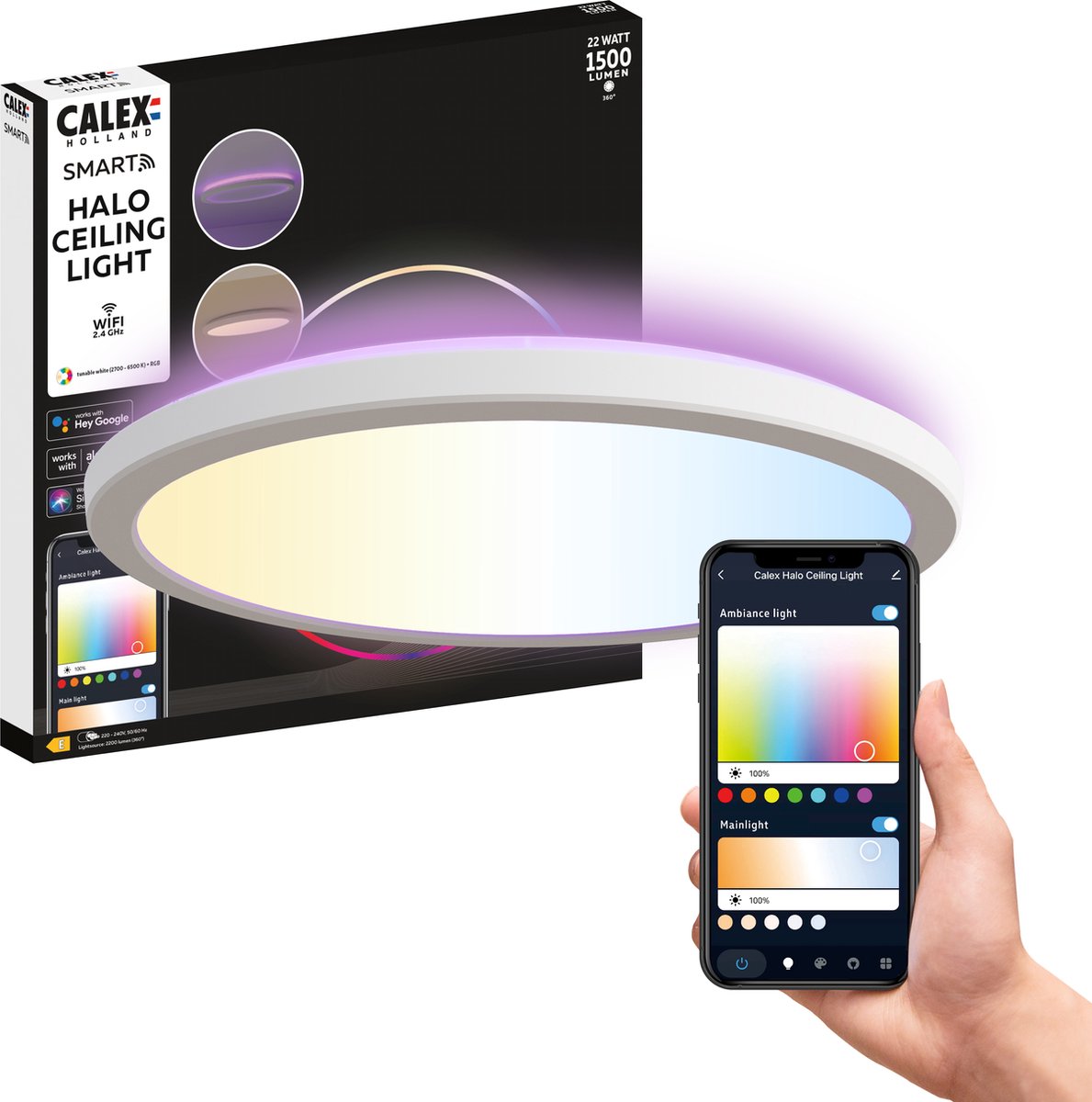 Calex Halo Smart Deckenleuchte – Smart Deckenleuchte 30 cm – RGB und warmweißes Licht – Weiß