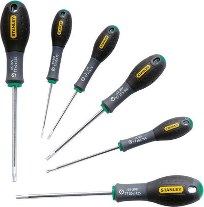 Stanley 6-teiliger Fatmax-Schraubendrehersatz Torx TT10 x 75 mm. TT15 x 75 mm. TT20 x 100 mm. TT25 x 100 mm. TT30 x 125 mm. TT40 x 125 mm