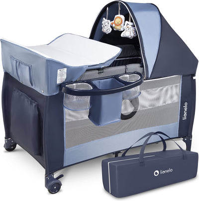Lionelo Sven Plus 2in1 Mitwachsendes Campingbett – 127 x 60 cm – bis 15 kg – Beistellbett – Reisebett mit Wickeltisch, Organizer, Moskitonetz und interaktivem Spielzeug