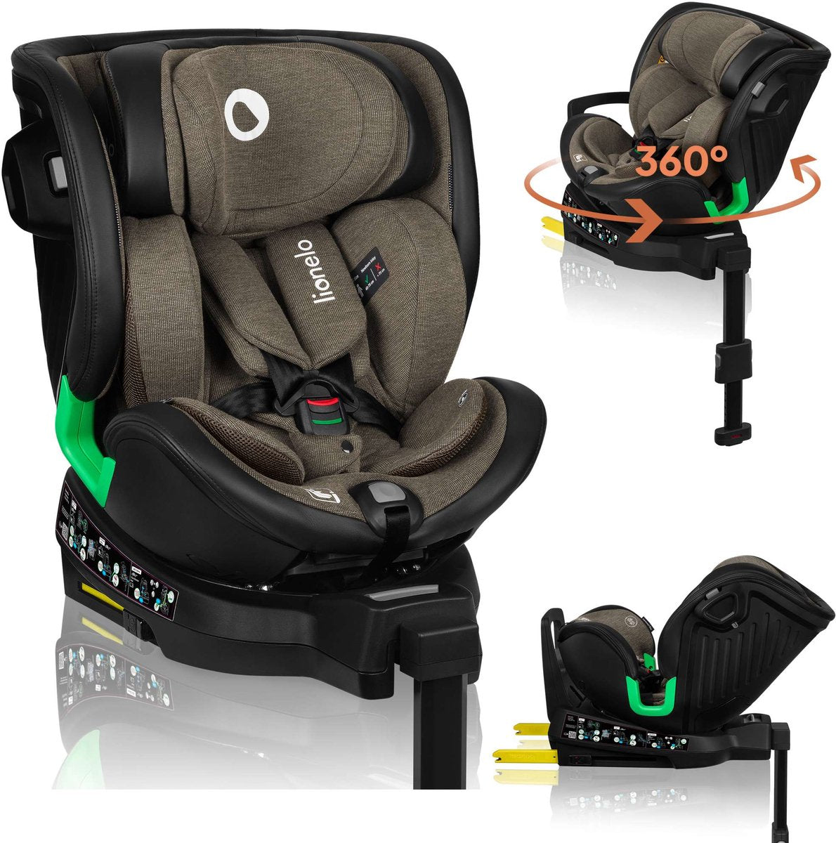 Lionelo Harmony – i-Size Autositz 4in1 – 360° drehbar – breiter Sitz – Isofix + Stützbein – rückwärtsgerichtet bis 105 cm (18 kg) – 40 bis 150 cm – 0 bis 36 kg – Seitenaufprallschutz – RWF und FWF – Bambusbezug – Dri-Sitz – Kopfstütze verstellbar