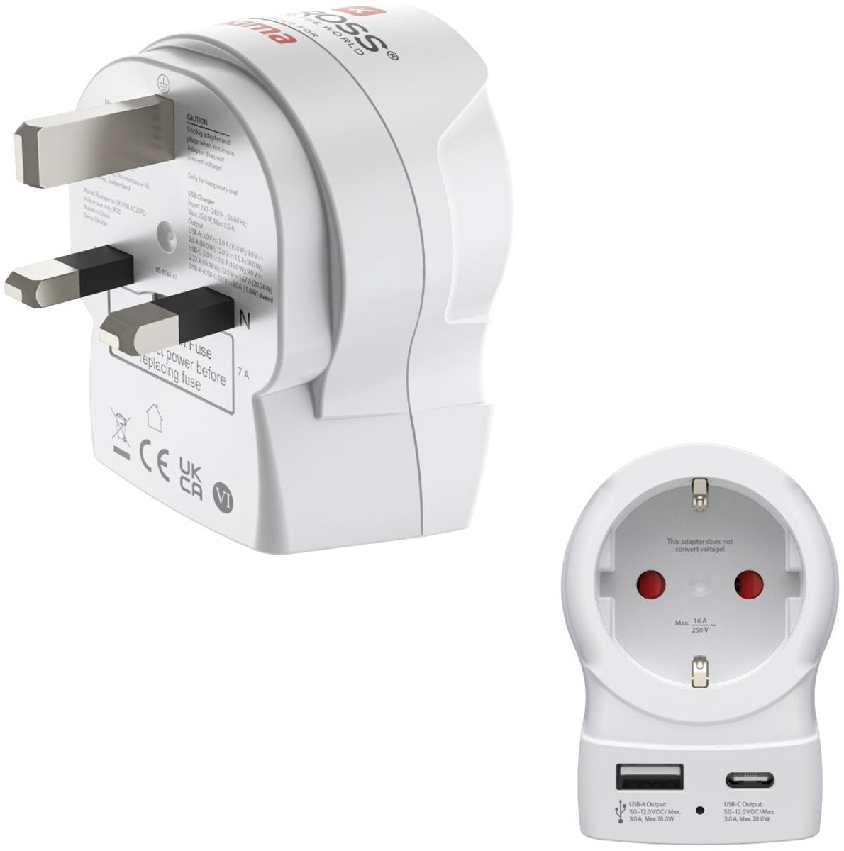 Hama Skross by Travel Plug – EUR (Typ E, F) nach UK (Typ G) – 1x USB-A, 1x USB-C PD – Weiß