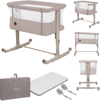 Lionelo Aurora 3in1 Beistellbett – Babybett bis 9 kg – Mitwachsbett – 4 Rollen mit Bremse – Campingbett – höhenverstellbar – atmungsaktives Netz – inklusive Matratzen-Transporttasche – abnehmbarer Bezug