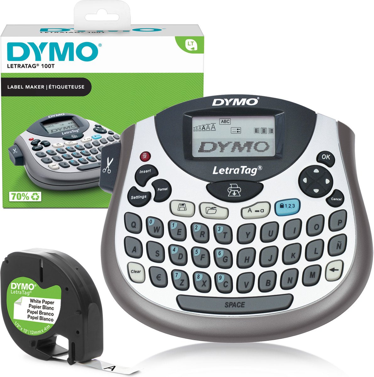 Dymo letratag lt-100t Etikettendrucker | Tragbarer Etikettendrucker mit QWERTZ-Tastatur | Silber | Ideal für das Büro oder Zuhause