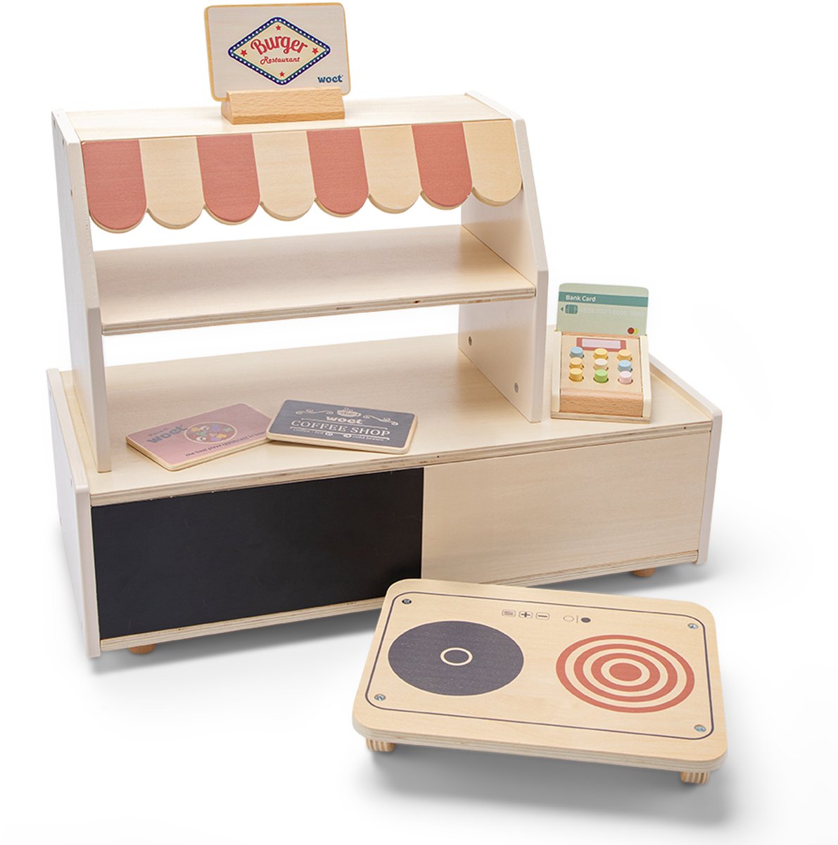 Woet® Mini-Restaurantladenspielzeug aus Holz – inklusive 3 doppelseitigen Themenschildern, Pin-Maschine und umkehrbarem Kochplattentablett – fantasievolles Rollenspiel – ab 3 Jahren