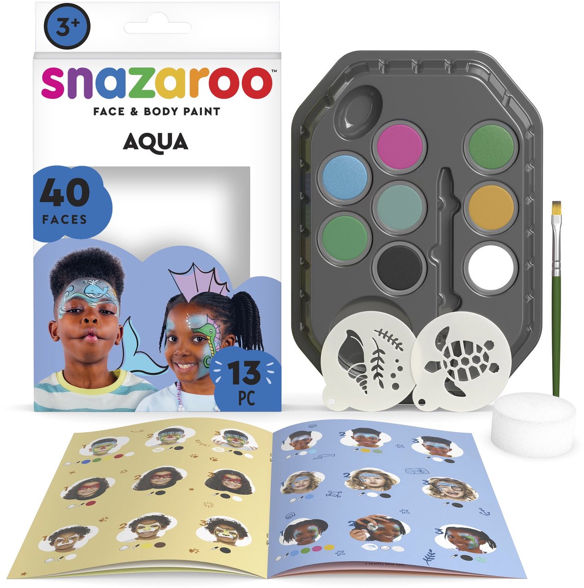 Snazaroo 1172191 Ozean-Unterwasser-Gesichtsbemalungsset – Gesichtsbemalung für Kinder – Aqua-Gesichtsbemalungsset mit Schablonen – 13-teilig, hypoallergen