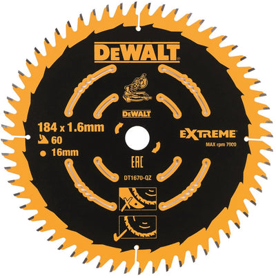 Dewalt Zubehör Kreissägeblatt 184 x 16 x 60 Zähne, Wechselzahnung, positiv 7°, Kerbe 1,65 mm – dt1670-qz