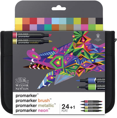 Winsor Newton 0290037 Mixed Marker Set 24 im Portemonnaie | Promarker, Pinsel, metallisches Neon