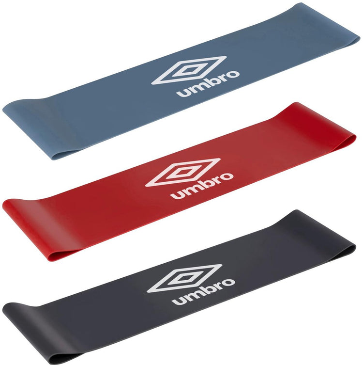 Umbro Widerstandsbänder Set 3-teilig – Fitnessband – Widerstandsbänder 9 kg 6,75 kg 4,5 kg – Trainingsband – Fitness-Gummibänder für Krafttraining und Rehabilitation – 76 x 300 mm – Schwarz, Rot und Blau