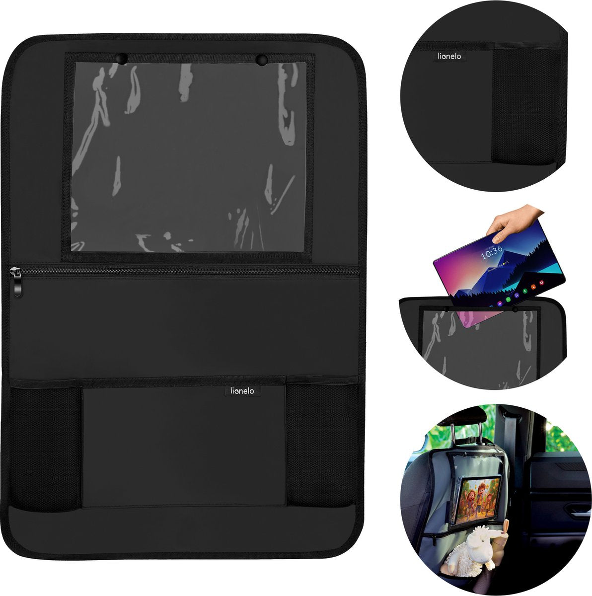 Lionelo Sitz-Organizer – funktioneller Autositz-Organizer – 5 Ablagefächer, Tablet-Halterung bis 13 Zoll – wasserdichtes PU-Leder – einfache Montage – sicher und praktisch für unterwegs