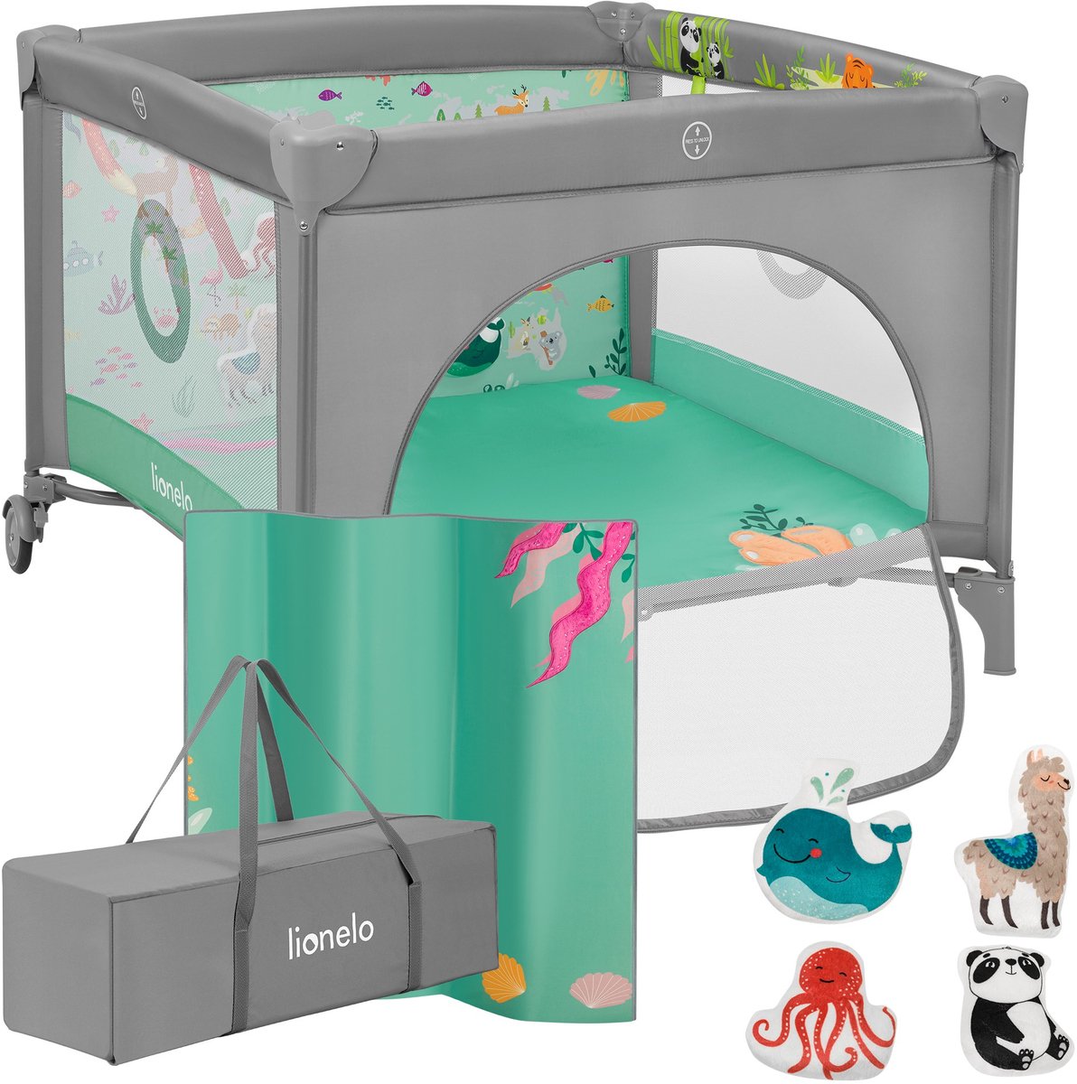 Lionelo Mille Plus Laufstall 0-36 Monate – Baby-Laufstall mit T25-Schaumstoffmatratze, Lernspielzeug, Griffe zum Stehenlernen, faltbares Mobile, Seitentür mit Reißverschluss – Spiel-Laufstall für Zuhause und auf Reisen