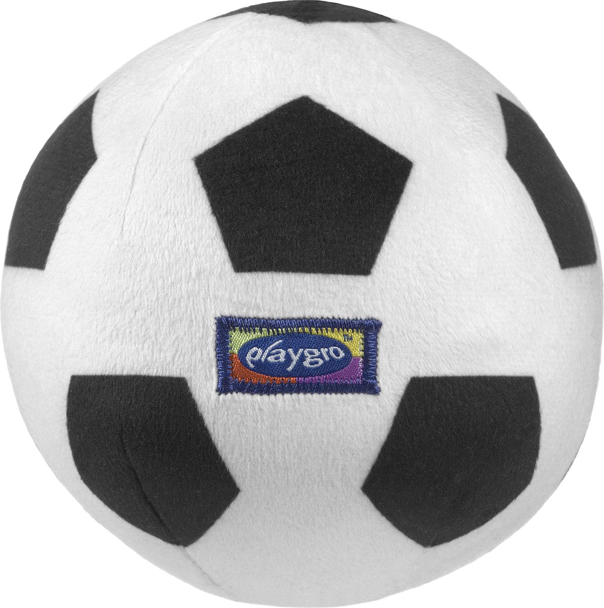 Playgro Baby-Plüschfußball – mein erster Ball – Babyball – Babyspielzeug – Fußballbaby – weicher Babyball – Rasselbaby – Babyball – Babyspielzeug – pädagogisches Babyspielzeug – Rassel – schwarz und weiß – Glocke – 13 cm