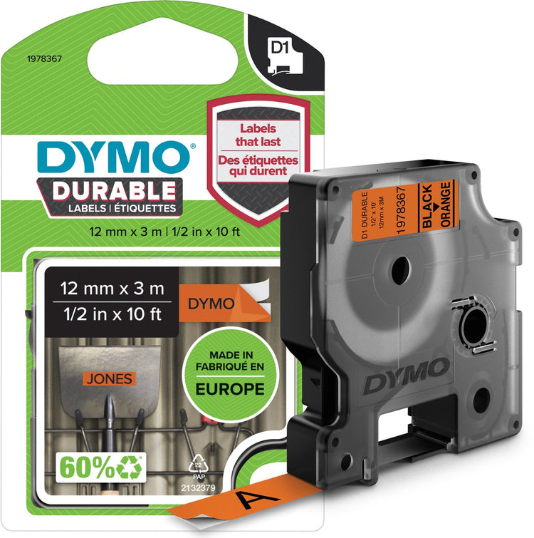 Dymo Original D1 langlebige Etiketten | schwarzer Text auf orangefarbenem Etikett | 12mm x 3m | selbstklebende Etiketten für den Etikettendrucker Label Manager | Hergestellt in Europa