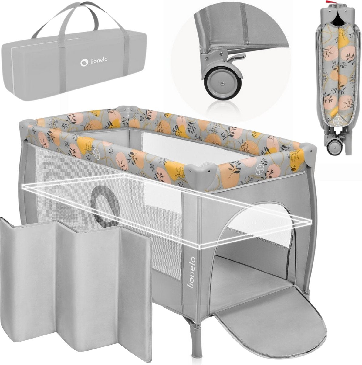 Lionelo campingbedje 4 in 1 – baby bed inklapbare box reisbedje met bodemverhoger (rugvriendelijk ontwerp) – met comfort matras – 60x120 cm – 0-36 maanden tot 15 kg – zij-ingang – wielen – transporttas – babybed babybox ledikant – stefi plus